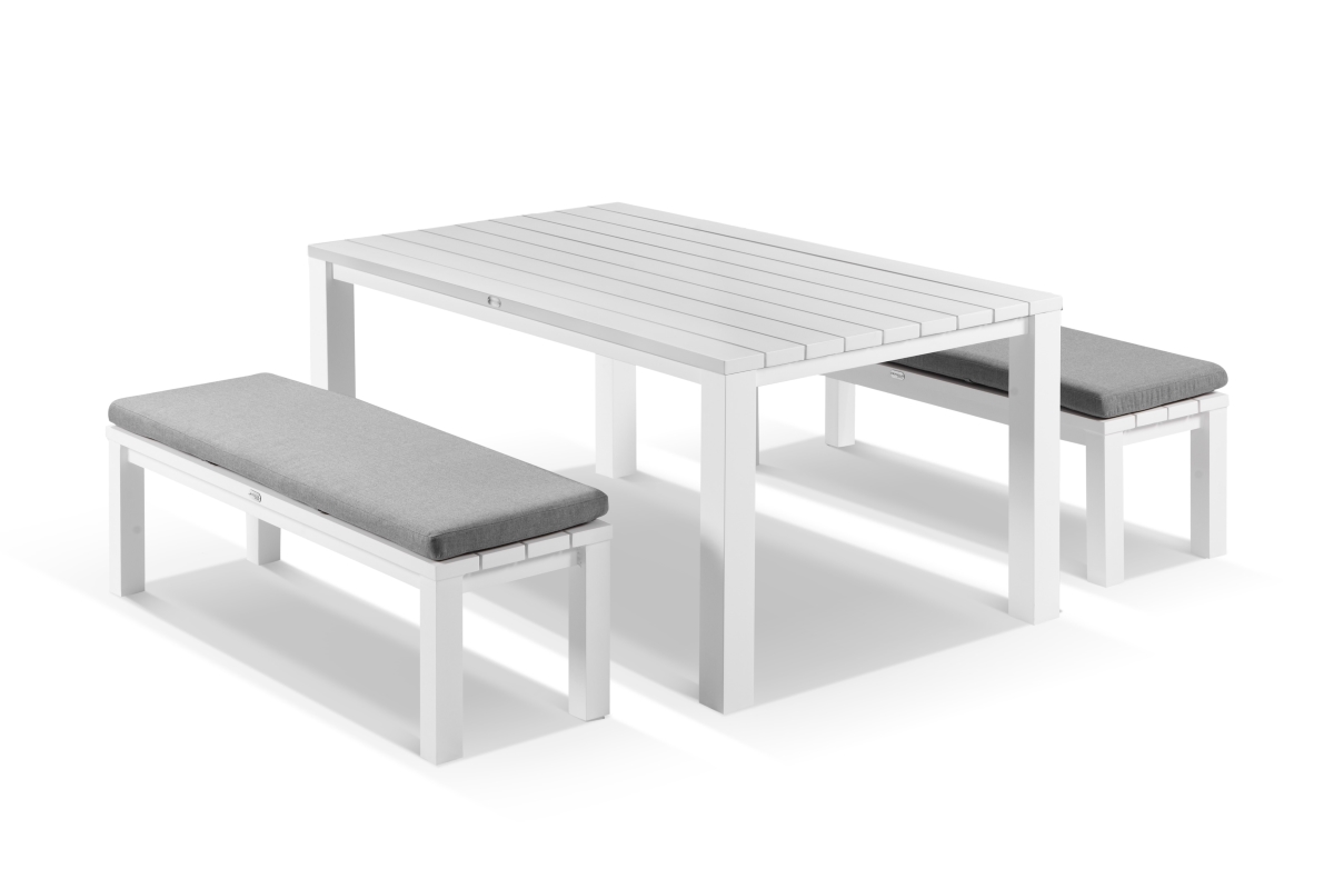 cove table 165cm and 2 bench seats with cushions white