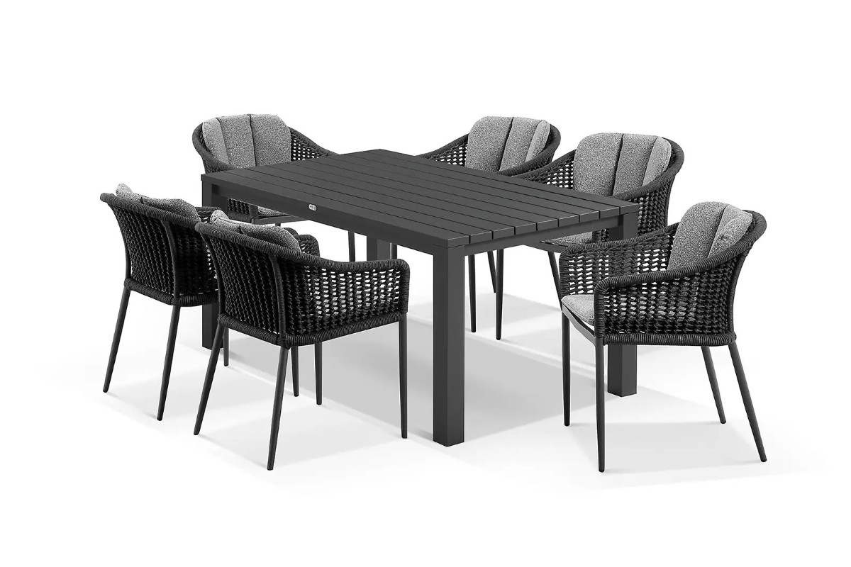 cove table 165cm with amalfi chairs 7pc dining set charcoal