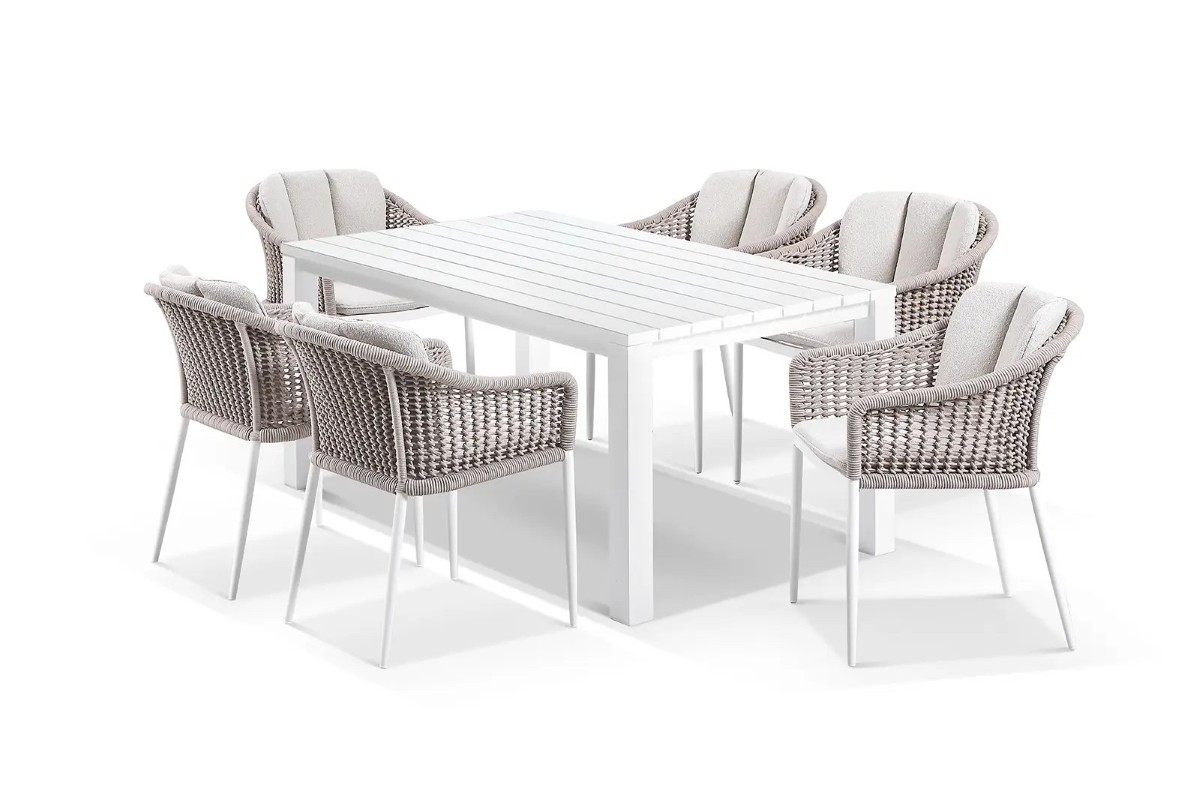 cove table 165cm with amalfi chairs 7pc dining set white