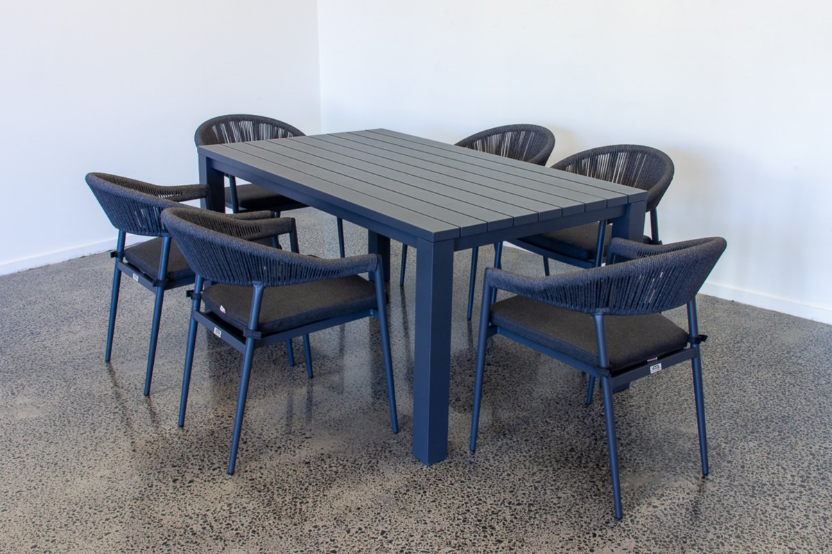 cove table 165cm with cove chairs 7pc dining set charcoal