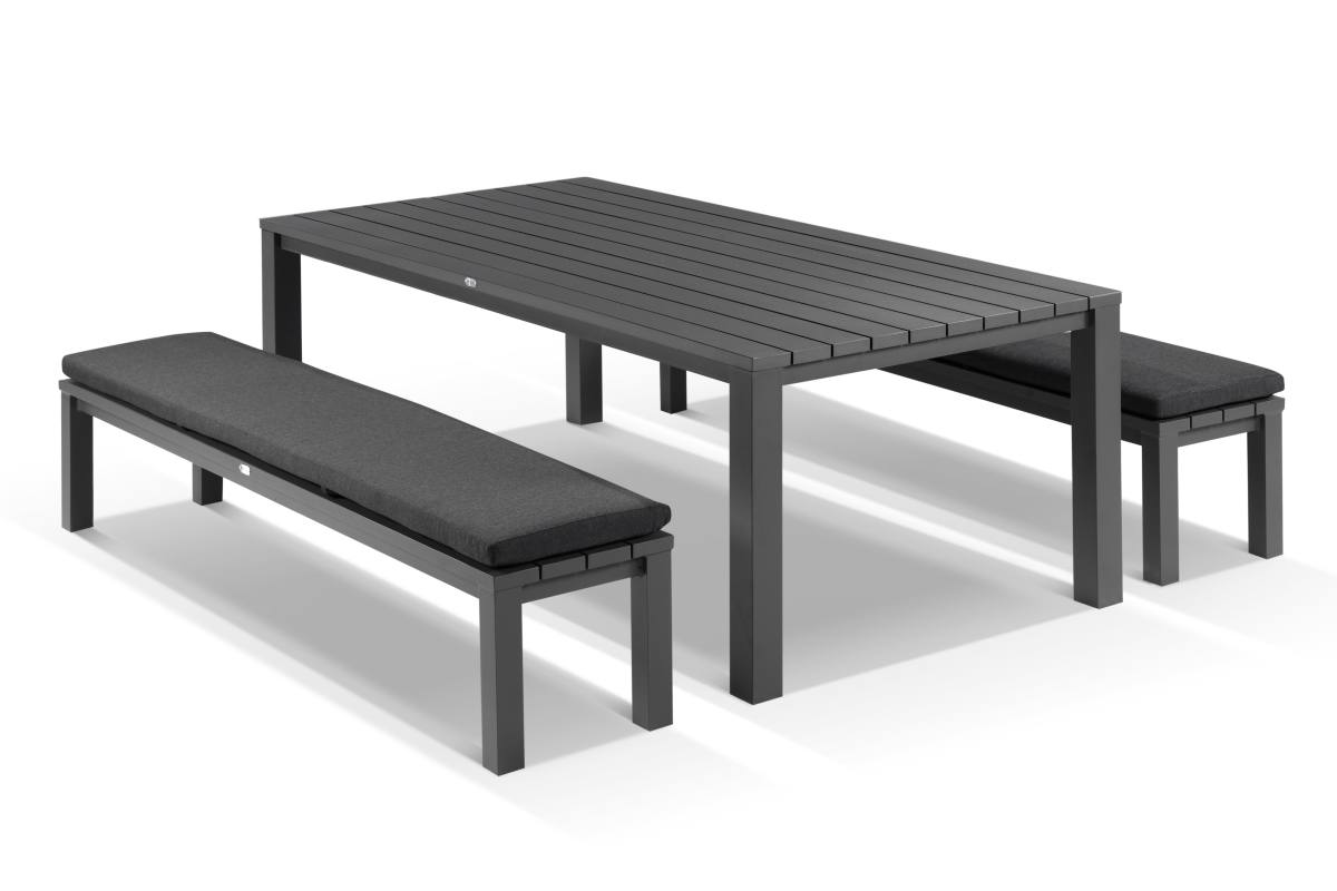 cove table 220cm and 2 bench seats with cushions charcoal