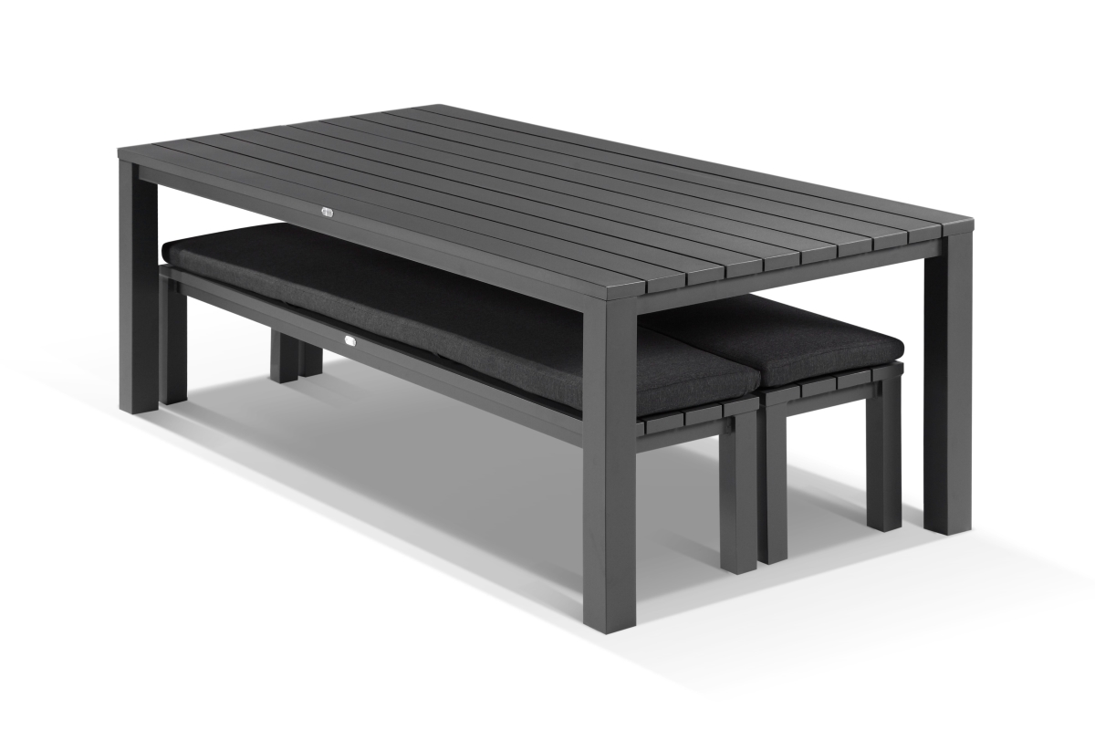 cove table 220cm and 2 bench seats with cushions charcoal