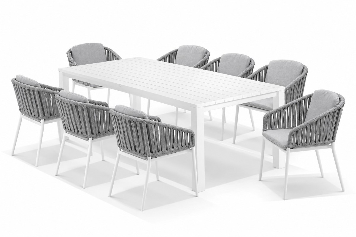 cove table 220cm with palm chairs 9pc dining set white