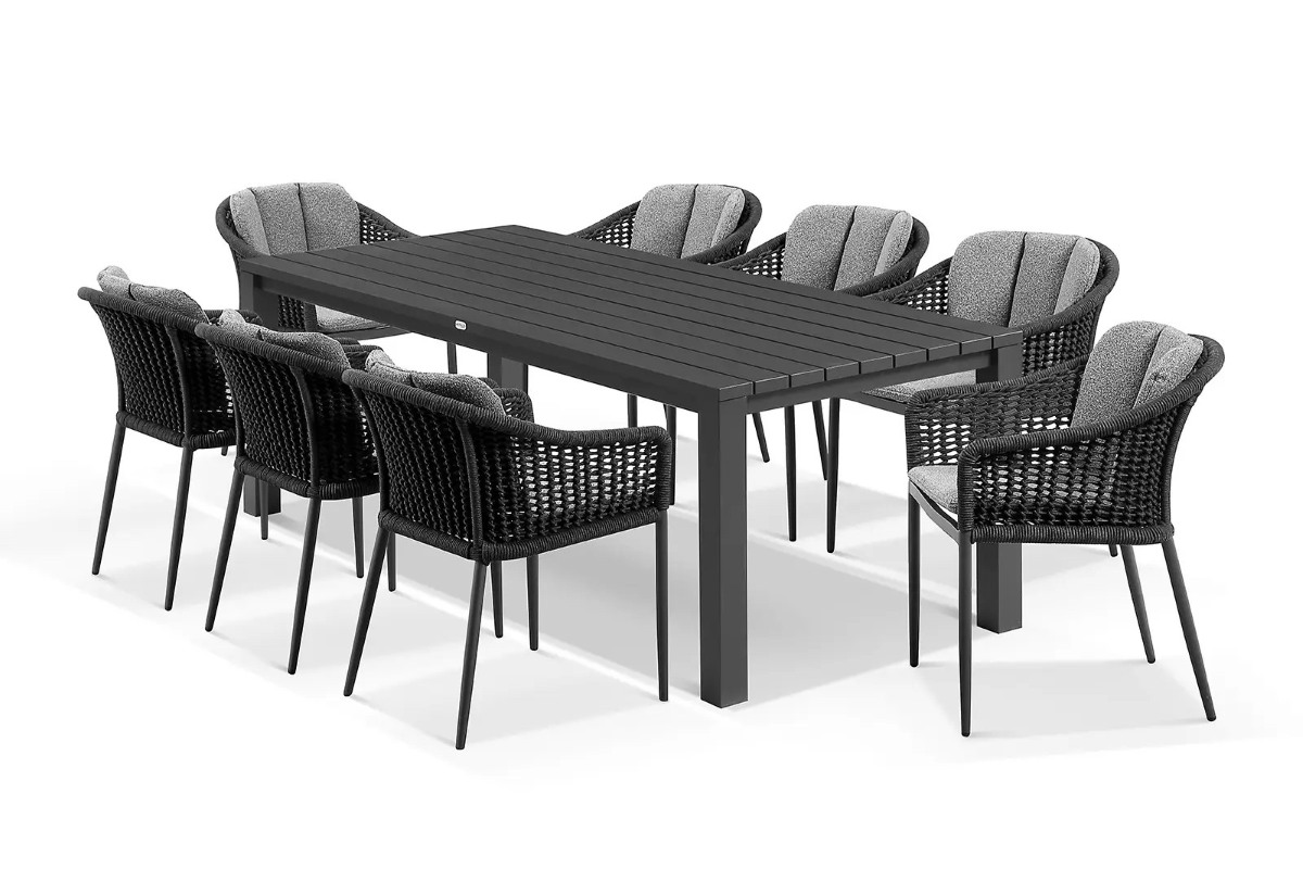 cove table 220cm with amalfi chairs 9pc dining set charcoal