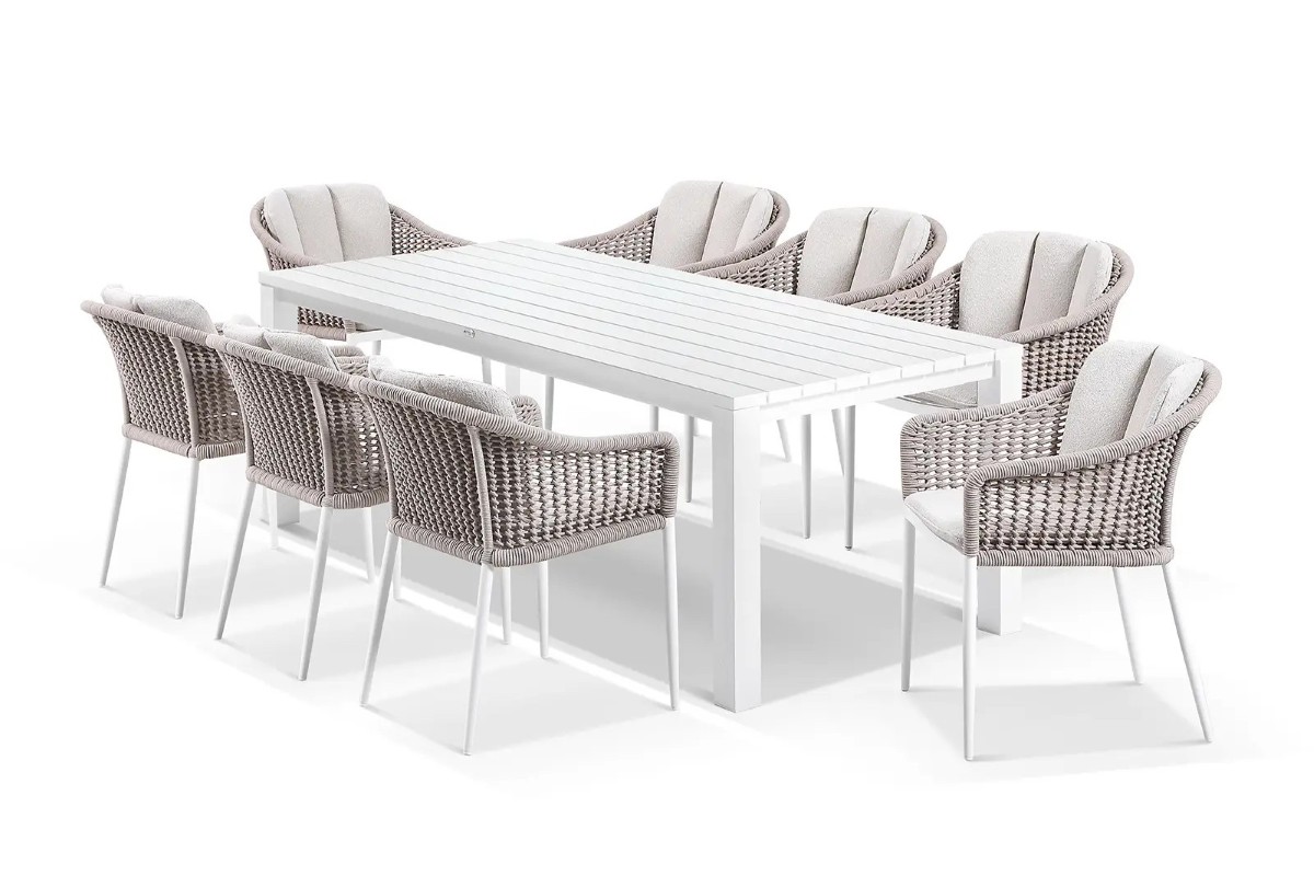 cove table 220cm with amalfi chairs 9pc dining set white
