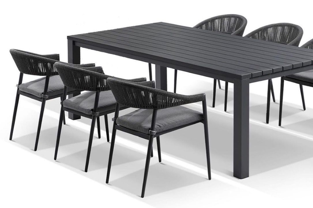 cove table 220cm with cove chairs 7pc dining set charcoal