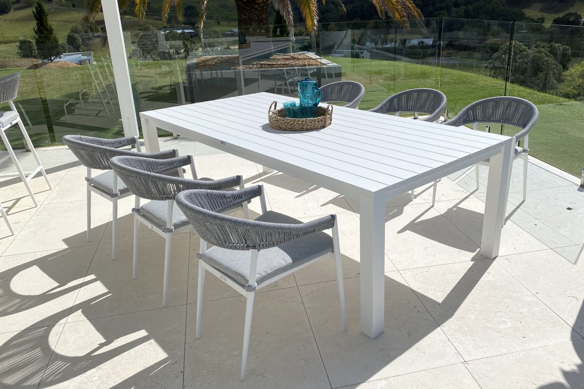 cove table 220cm with cove chairs 7pc dining set white