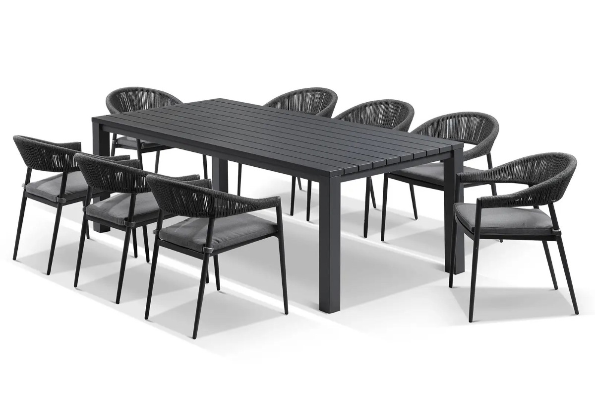 cove table 220cm with cove chairs 9pc dining set charcoal