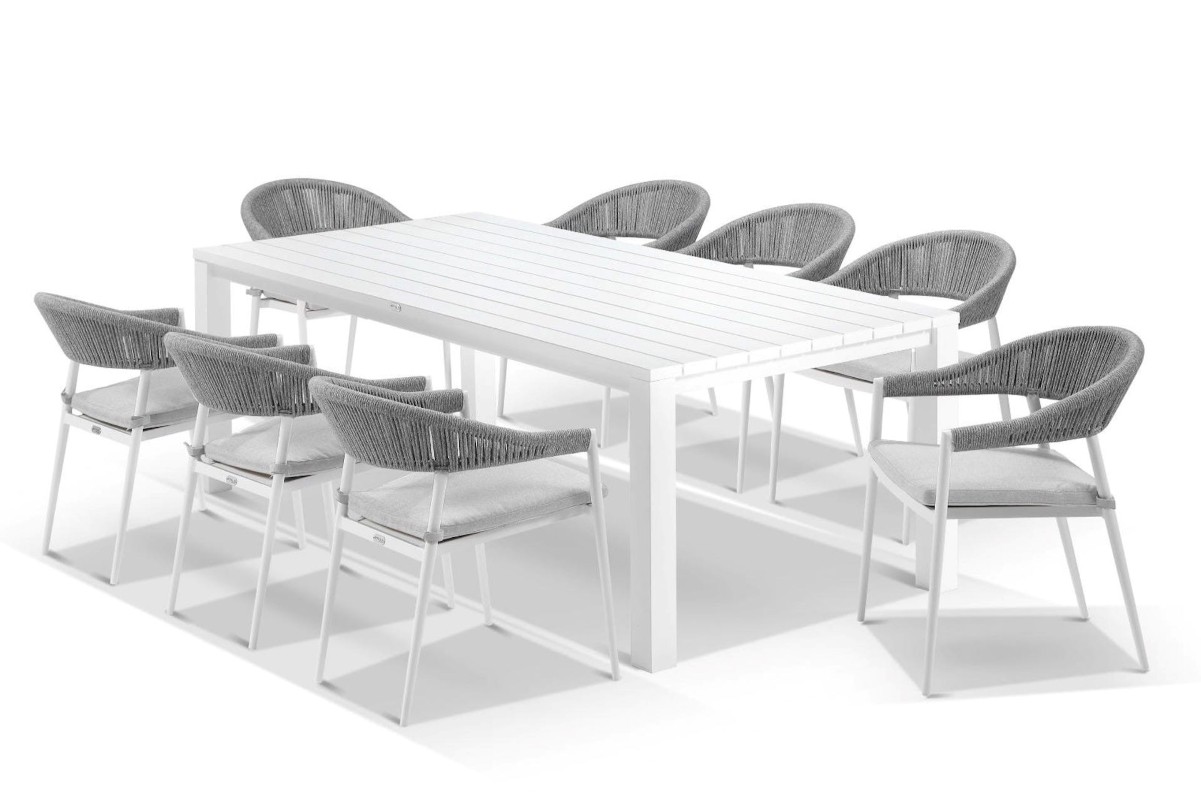 cove table 220cm with cove chairs 9pc dining set white