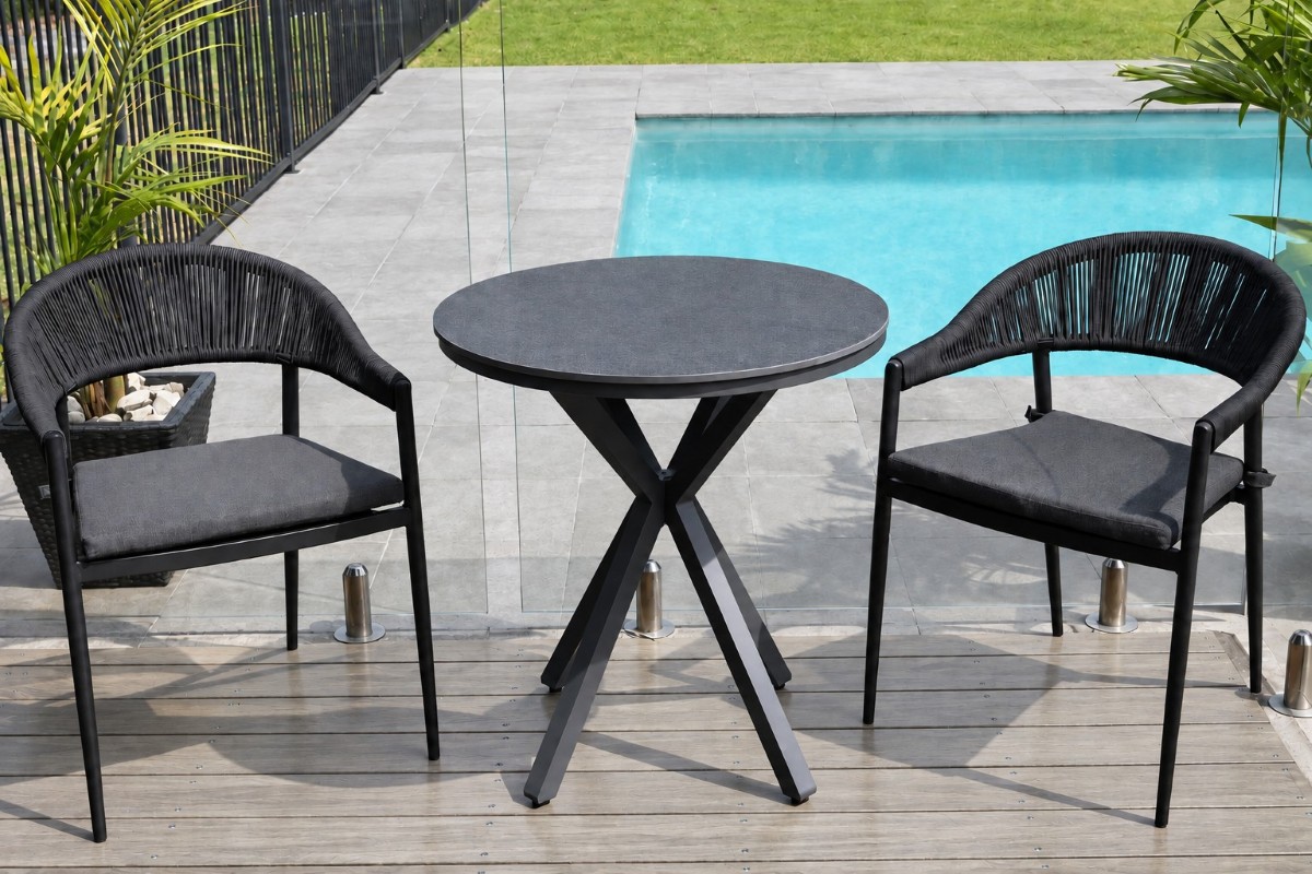 cove round ceramic table with cove chairs 3pc set charcoal