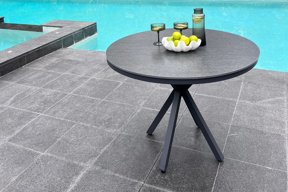 cove ceramic 100 round table charcoal 1 cove round ceramic outdoor dining table 100cm charcoal