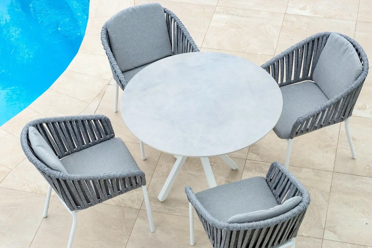 cove round ceramic table with palm chairs 5pc set white