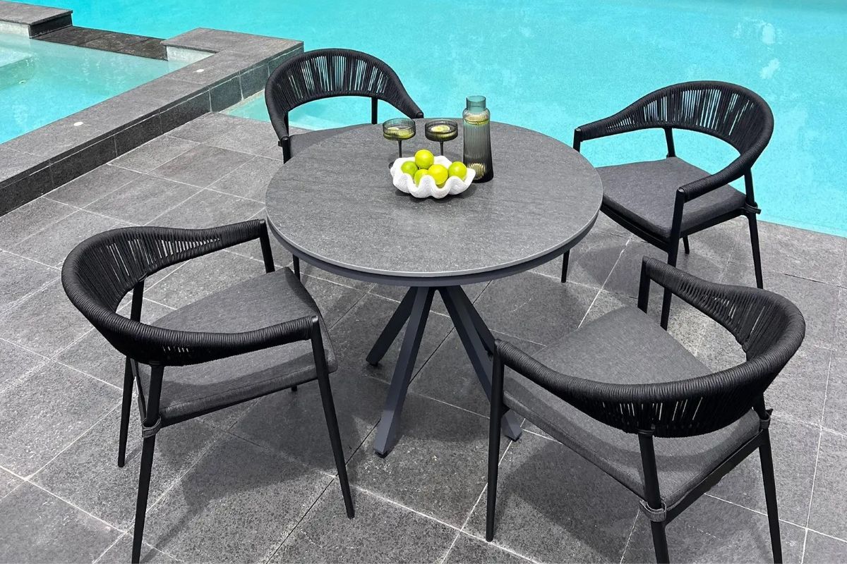 cove round ceramic table with cove chairs 5pc set charcoal