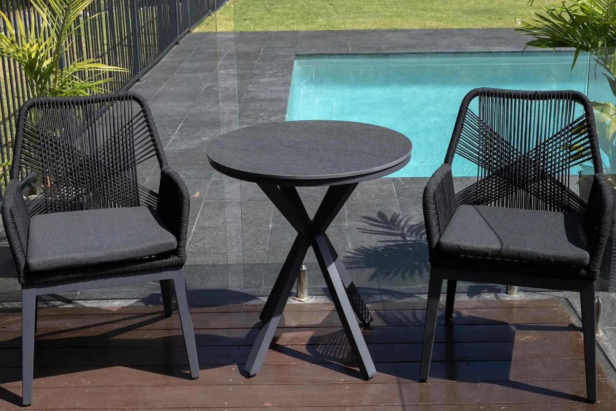 cove round ceramic table with cape chairs 3pc set charcoal