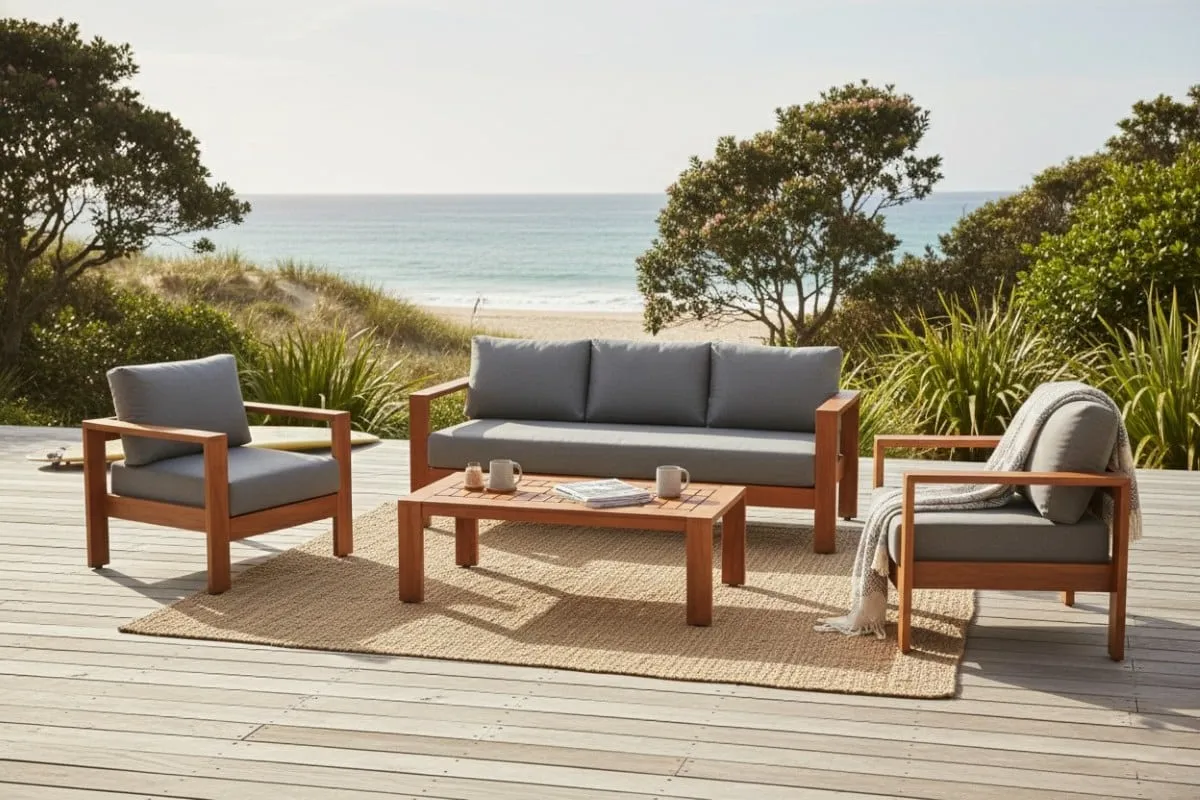 teak outdoor lounge setting with sofa and armchairs on a deck overlooking new zealand beach